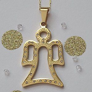 Gold Finished Stainless Steel Angel with Crystal Rhinestones on a Gold Chain